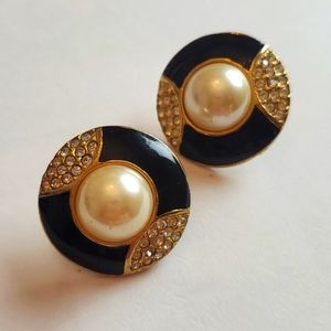 Vintage 90s Napier Gold Tone Black and Pearl Earrings Jewelry